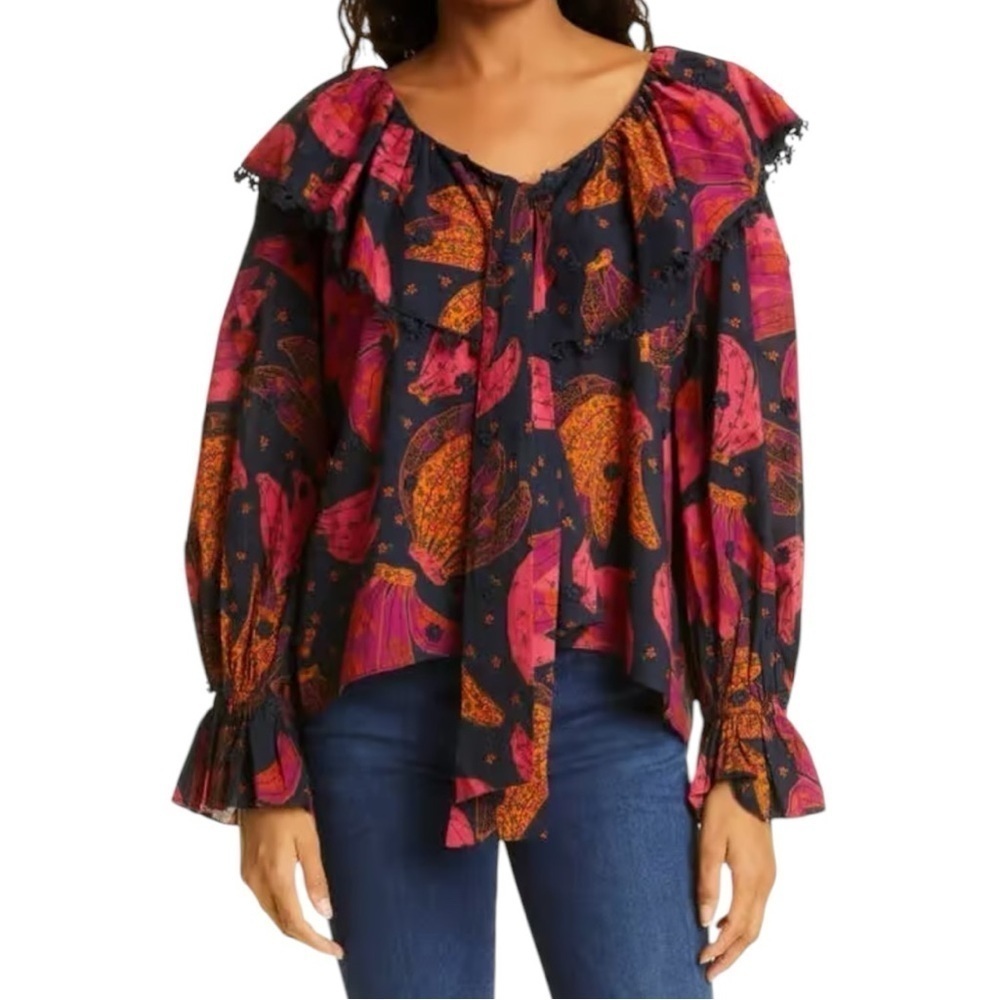 Farm Rio Patchwork Bananas Ruffle V-Neck Blouse Blue Pink Cotton Boho Womens Sm